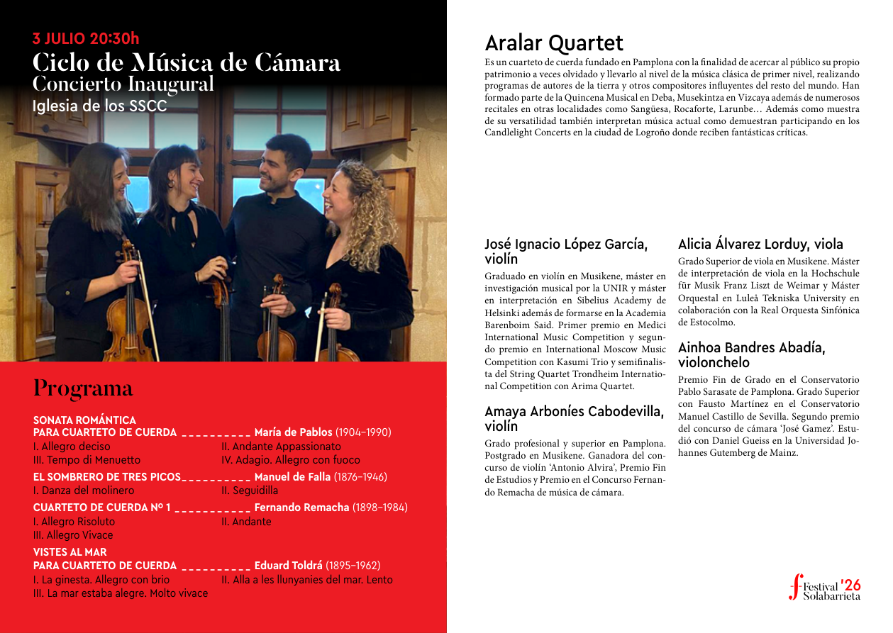 Programa del concierto inaugural de Aralar Quartet en el Festival Gregorio Solabarrieta 2026